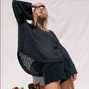 NWOT Free People Baja Babe Hooded Hacci Sweater Gray Wide Sleeve Oversized Sz XS